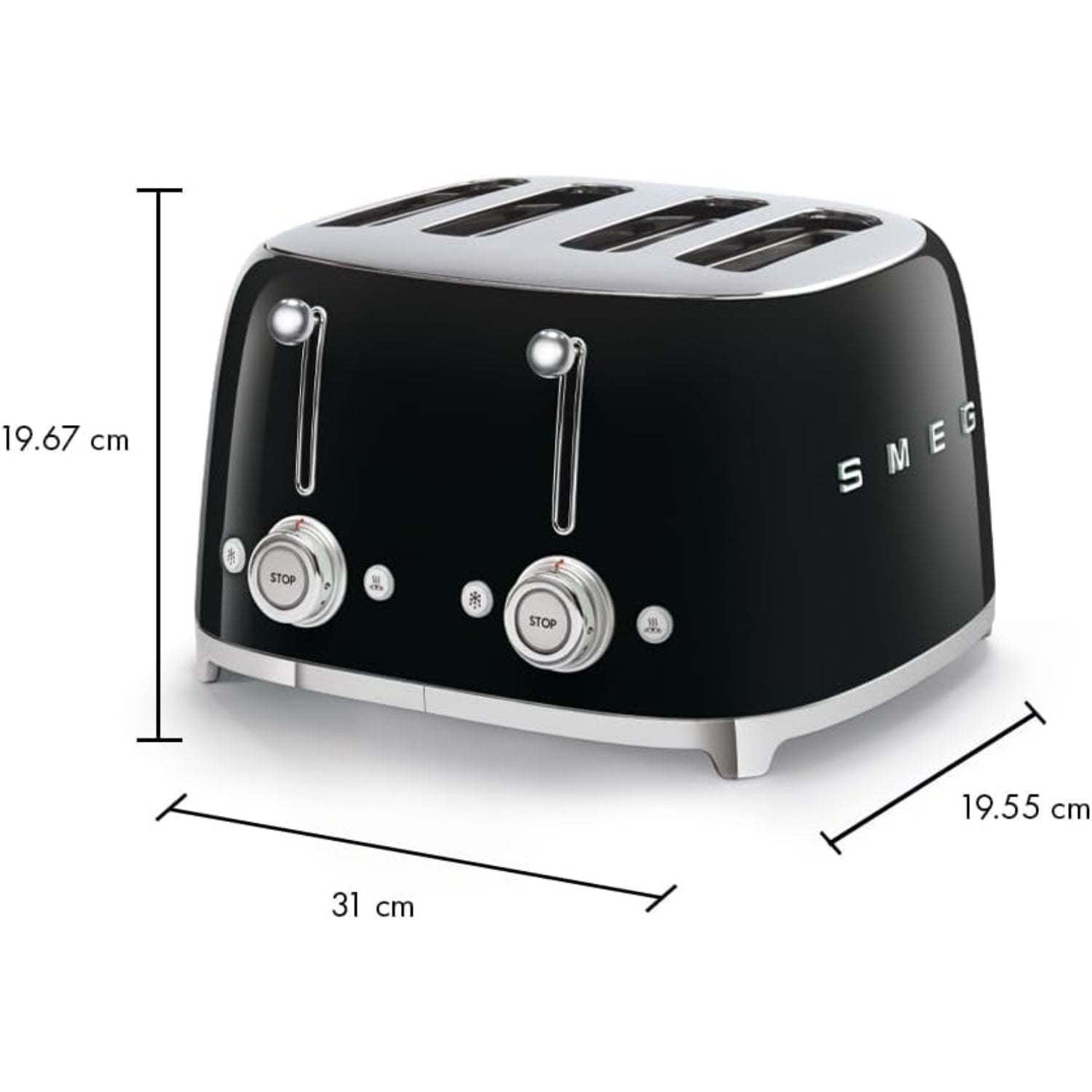 Tostadora SMEG negra, vista frontal, diseño retro en cocina moderna