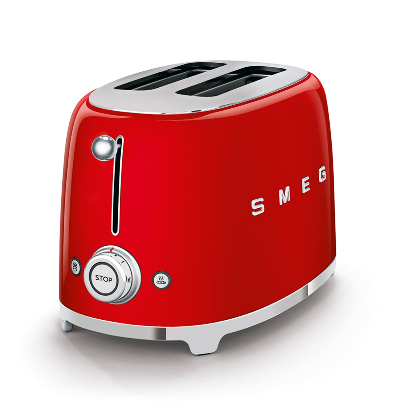 Tostadora roja SMEG vista frontal, diseño vintage en cocina moderna