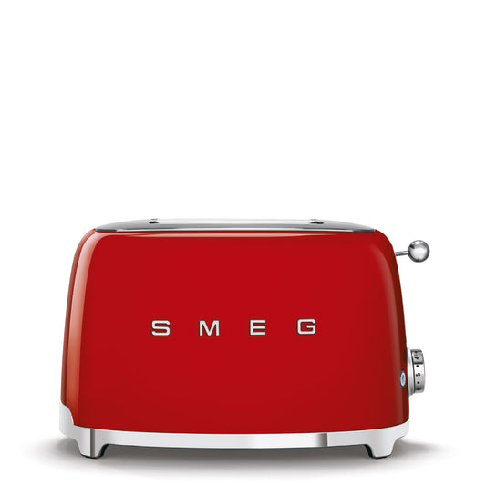 Tostadora roja SMEG frontal, ideal para cocina moderna