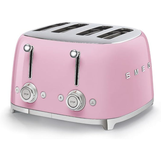 Tostadora SMEG rosa frontal, diseño retro en cocina moderna