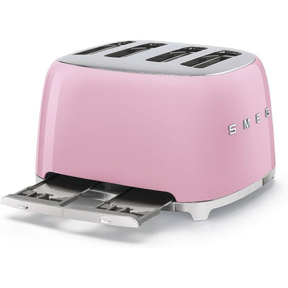 Tostadora rosa SMEG vista lateral con cuatro ranuras y bandejas extraíbles