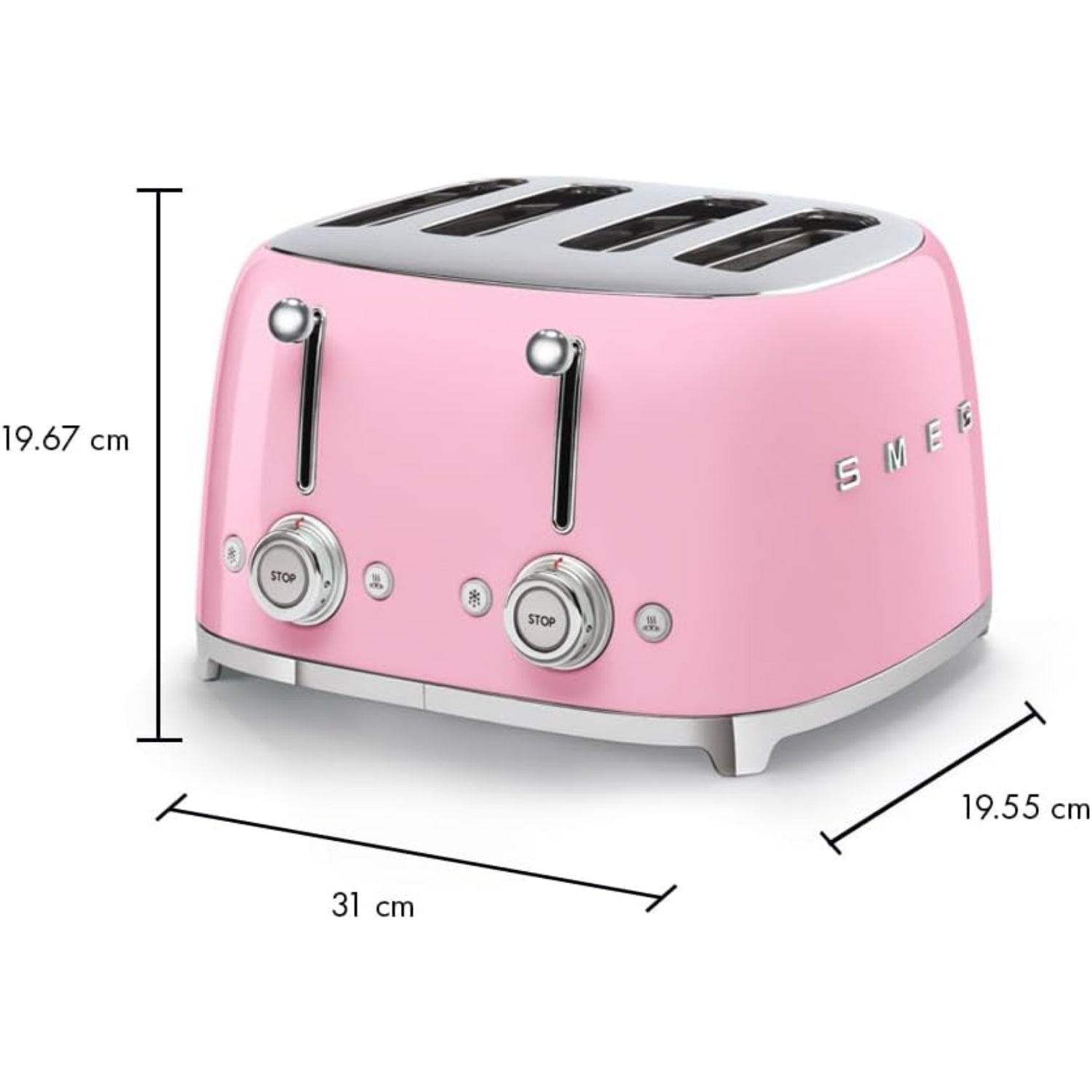 Tostadora rosa SMEG vista frontal, ideal para cocina moderna y desayuno