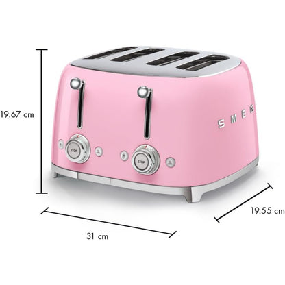 Tostadora rosa SMEG vista frontal, ideal para cocina moderna y desayuno