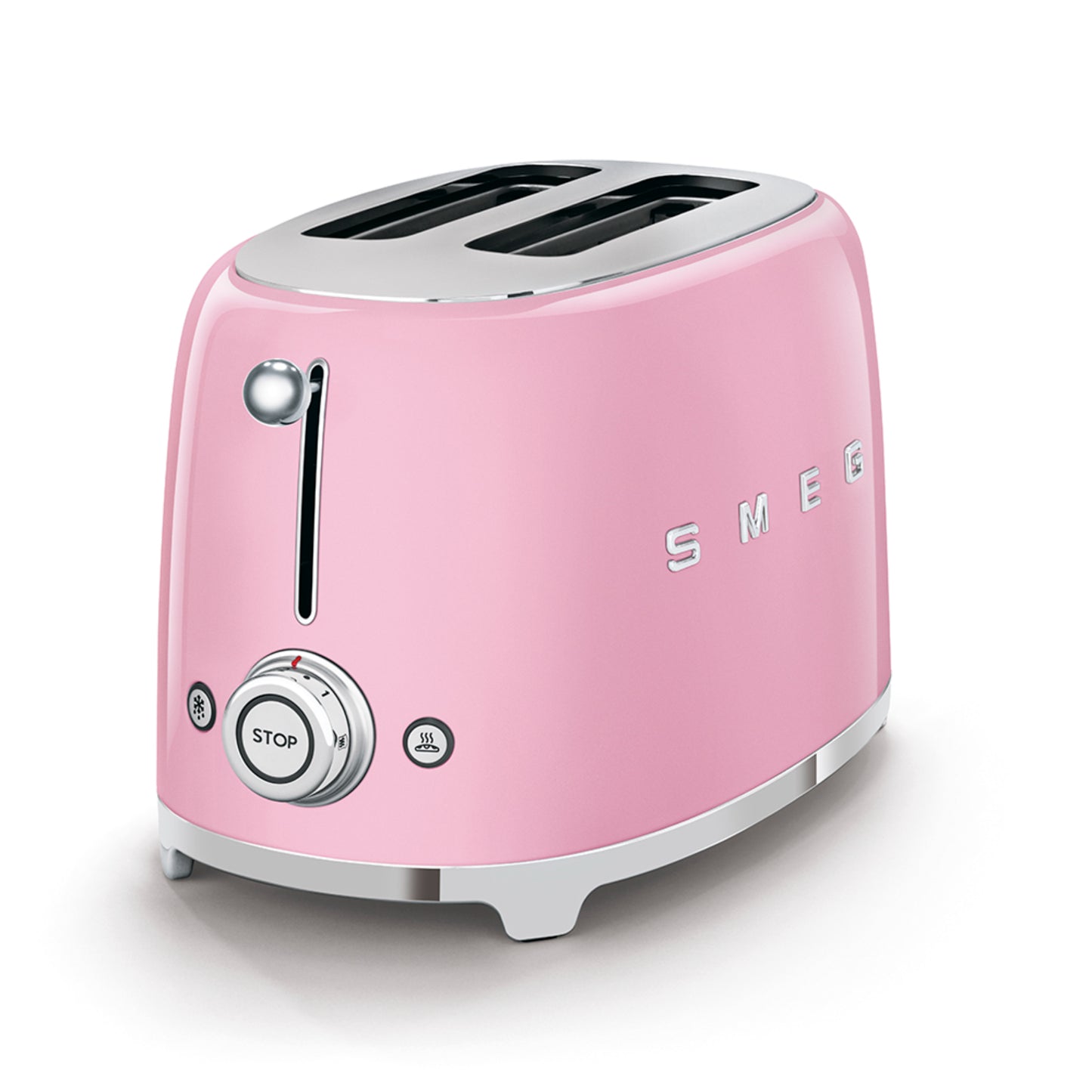 Tostadora SMEG rosa vista frontal en cocina moderna