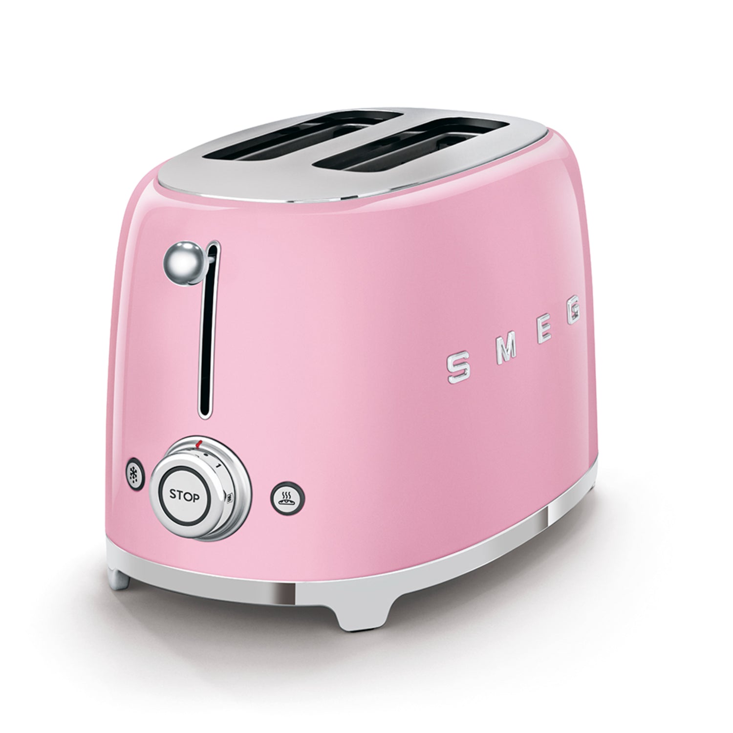 Tostadora SMEG rosa vista frontal en cocina moderna