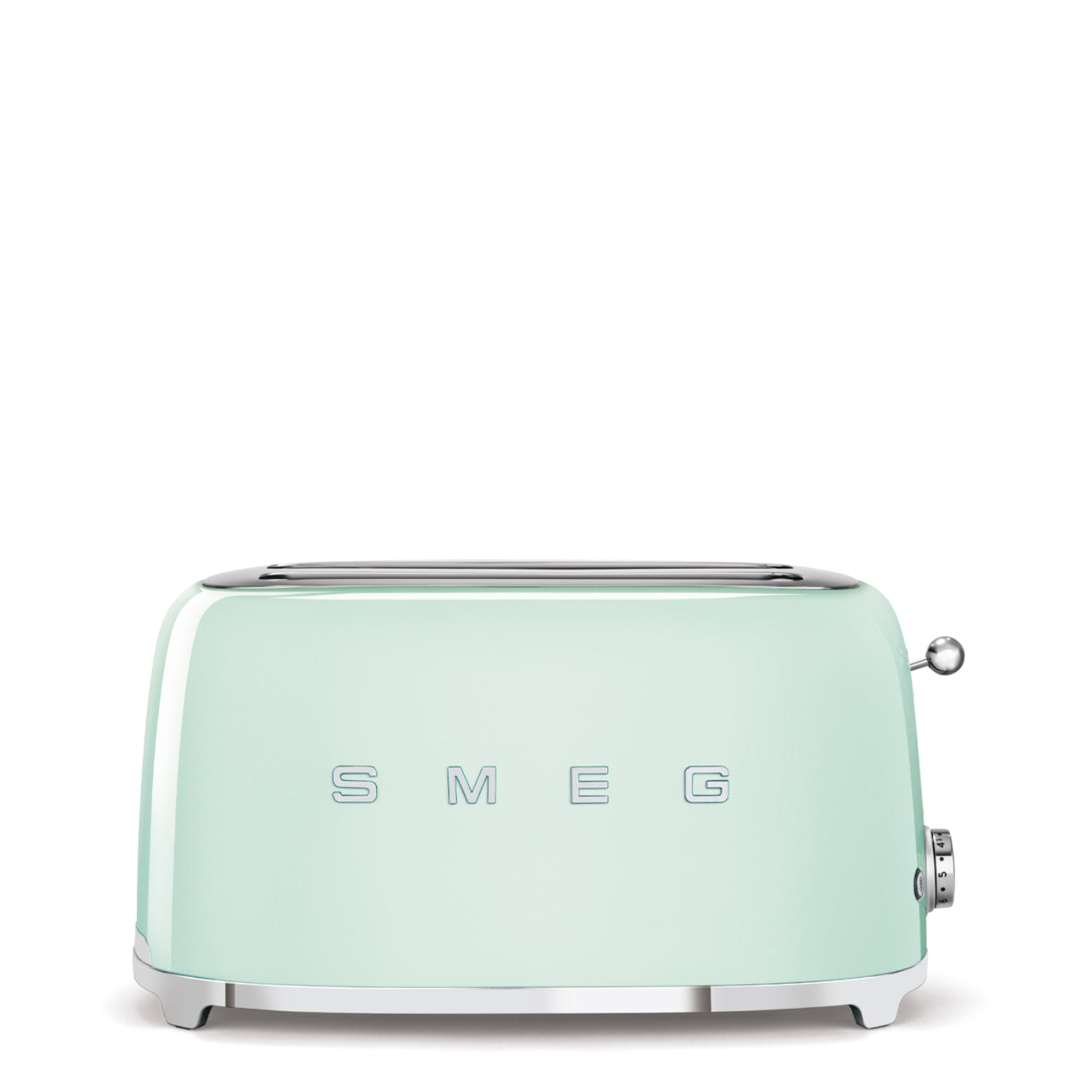 Tostadora SMEG verde menta, vista frontal en cocina moderna