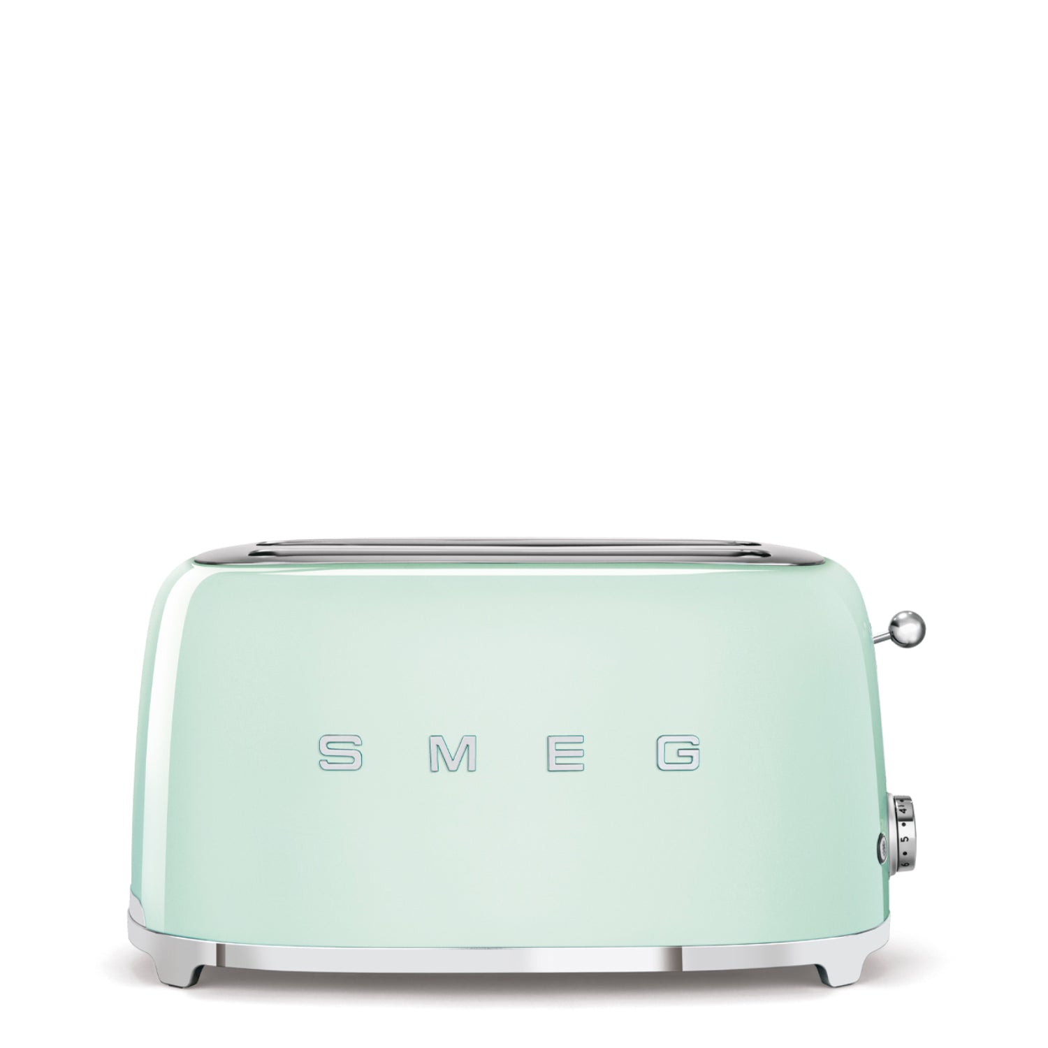 Tostadora SMEG verde menta, vista frontal en cocina moderna