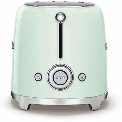 Tostadora verde menta frontal, diseño retro, cocina moderna