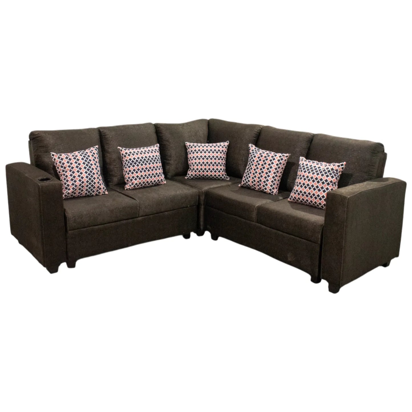 Sofá esquinero para sala grande color marrón oscuro con cojines decorativos de LA MUEBLERIA