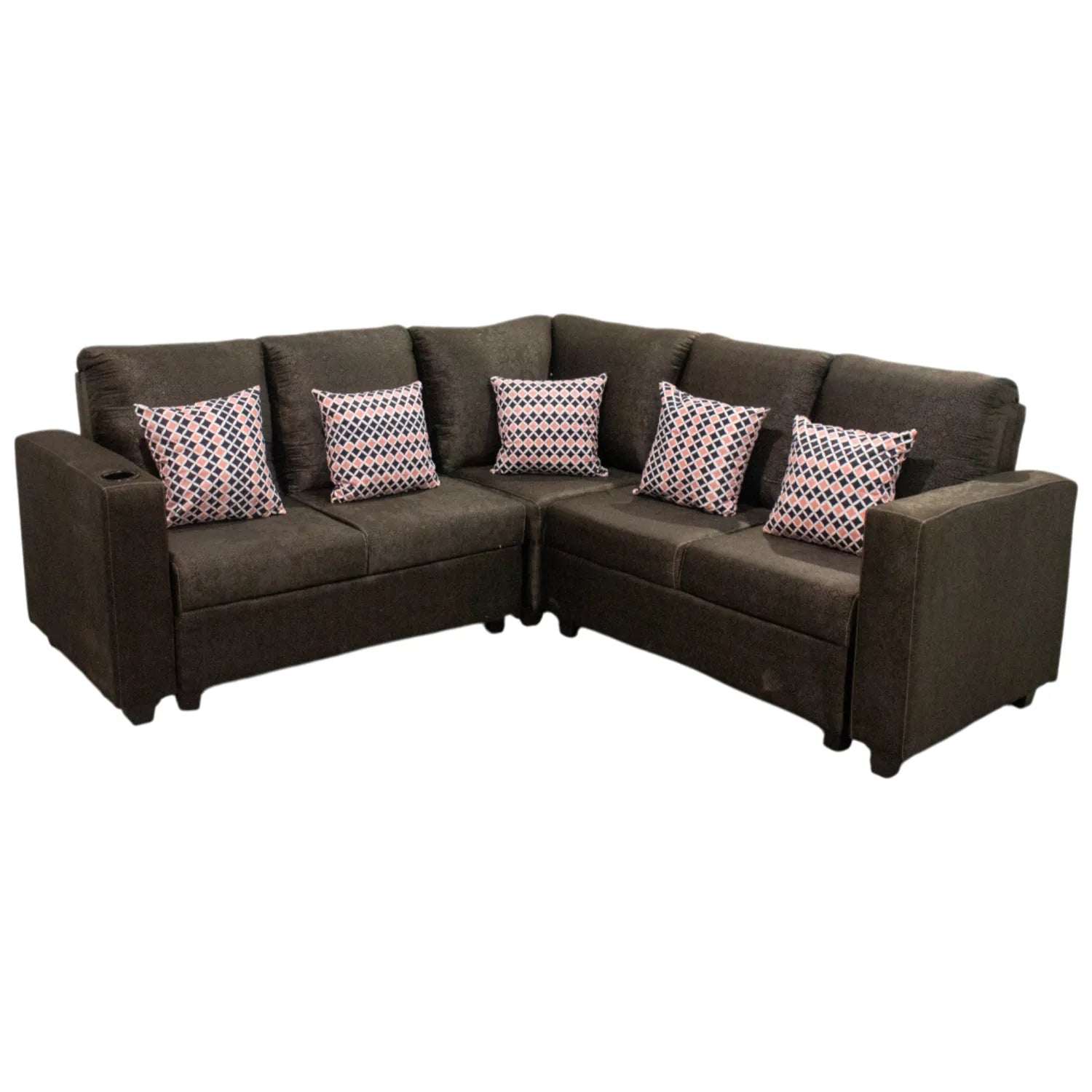 Sofá esquinero para sala grande color marrón oscuro con cojines decorativos de LA MUEBLERIA