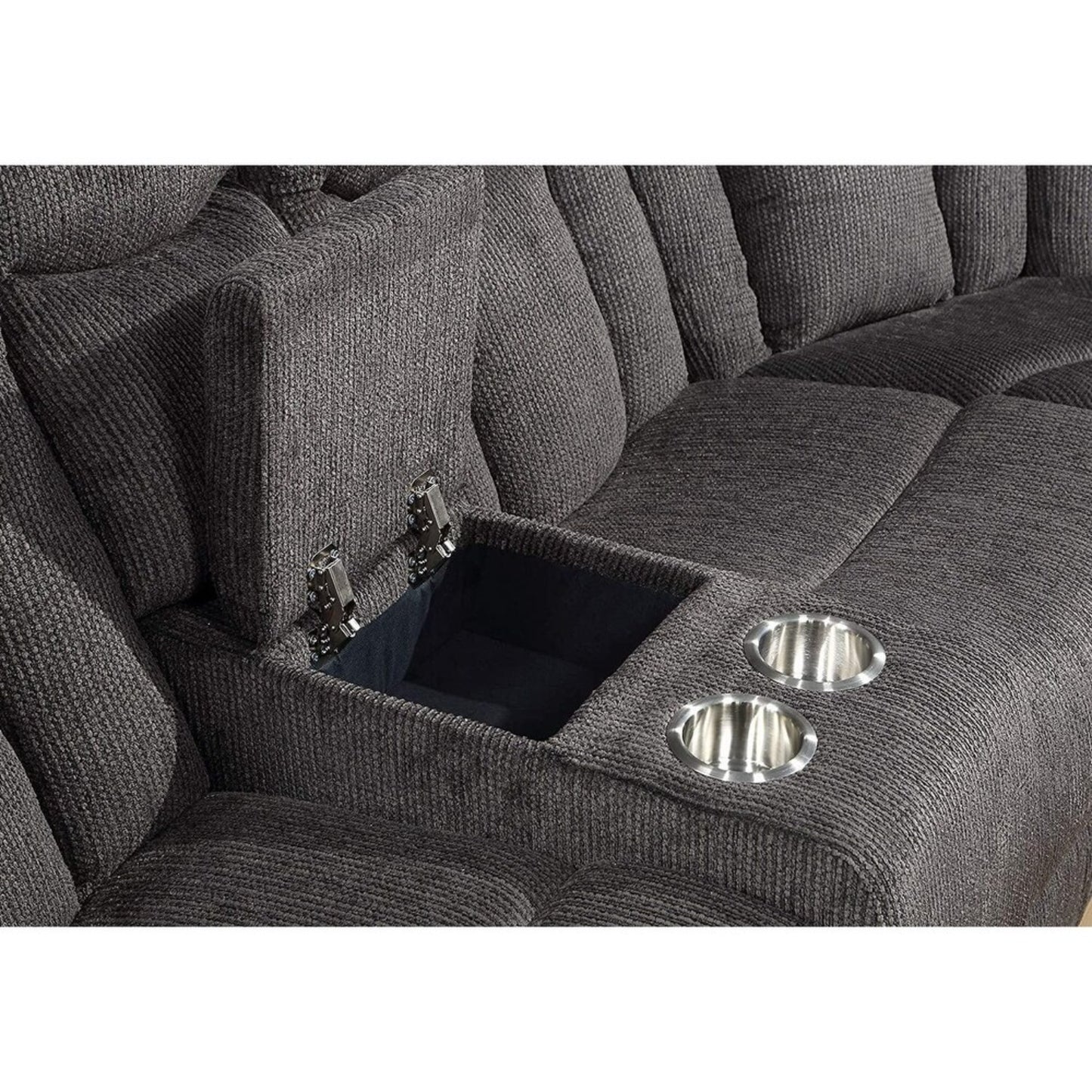 Sofa gris con portavasos y espacio de almacenamiento, vista lateral
