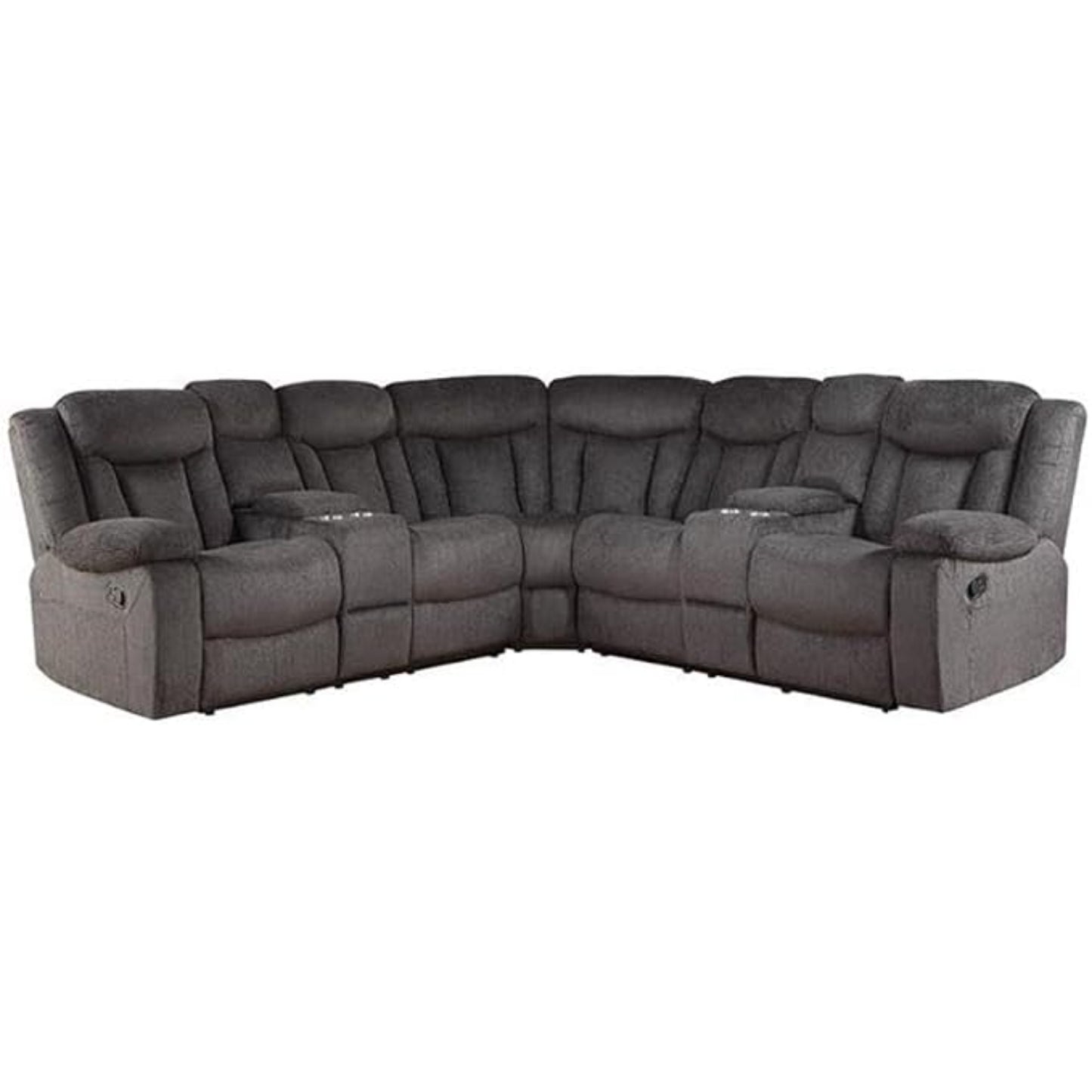 Sofa gris en forma de L, vista frontal, ideal para salas de estar
