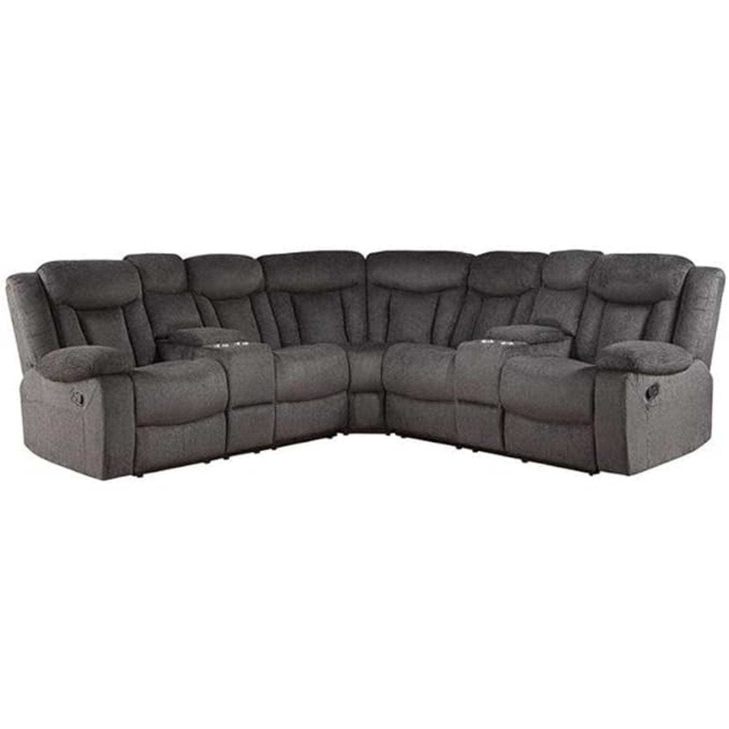 Sofa gris en forma de L, vista frontal, ideal para salas de estar
