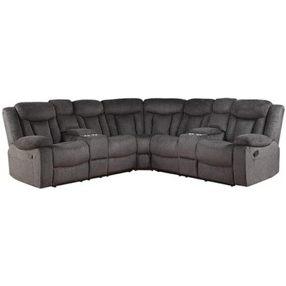 Sofa gris en forma de L, vista frontal, ideal para salas de estar