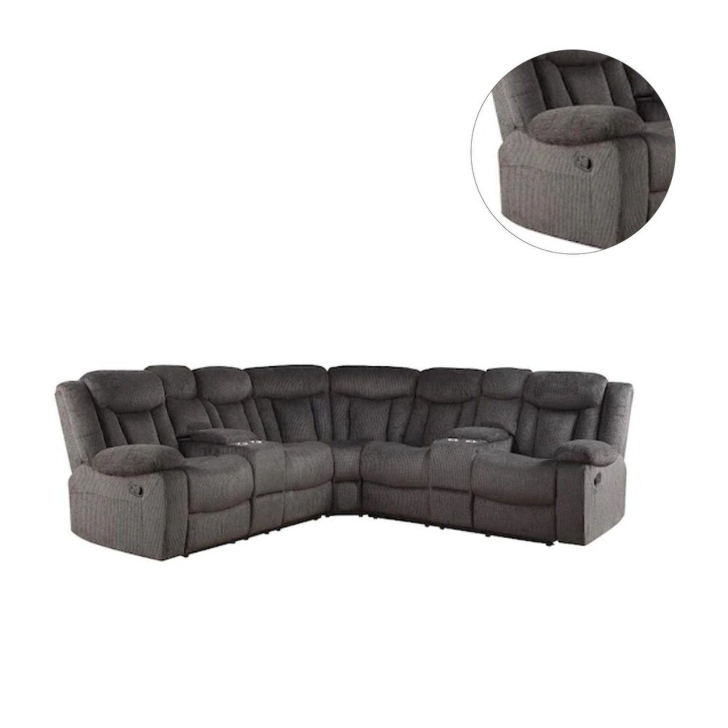 sofá gris estilo seccional, vista lateral con reposabrazos reclinables, sala de estar