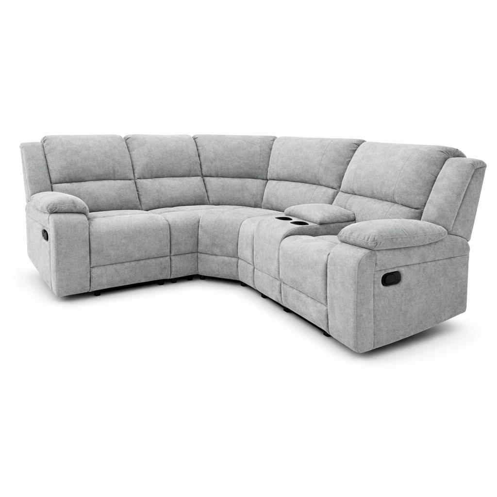 Sofá reclinable gris en forma de L, sala de estar moderna