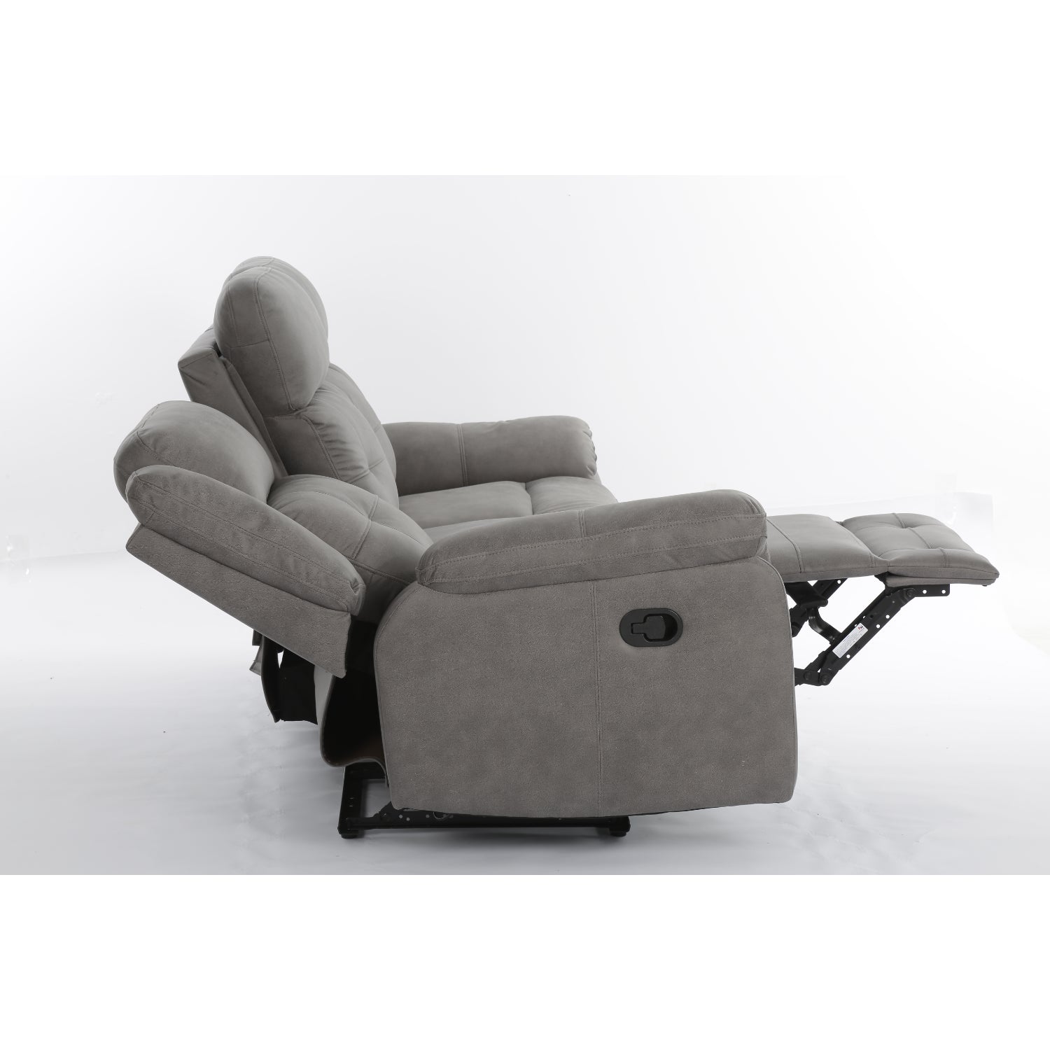Sofá reclinable 3 plazas en tono gris con asientos acolchados y respaldo ajustable para mayor comodidad