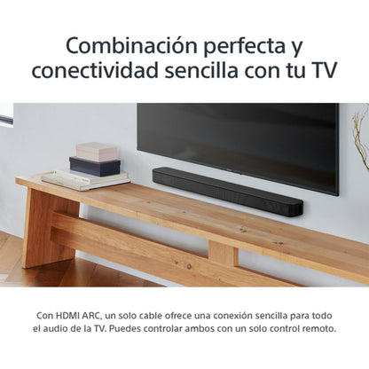 Barra de sonido Bluetooth SONY LL05 negra debajo de TV con conectividad HDMI ARC en mueble de madera