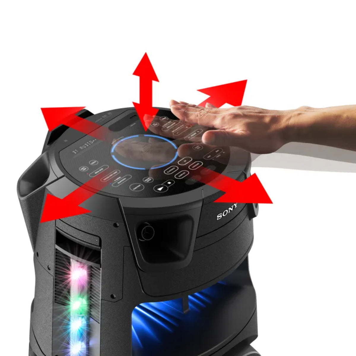 Sistema de audio HiFi Bluetooth Sony LL05 con controles táctiles y luces LED multicolor