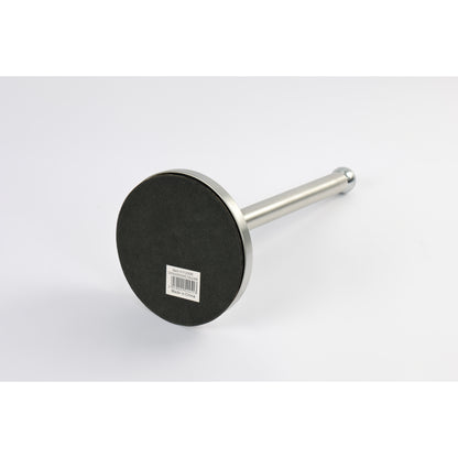 Soporte de acero inoxidable con base negra, vista lateral