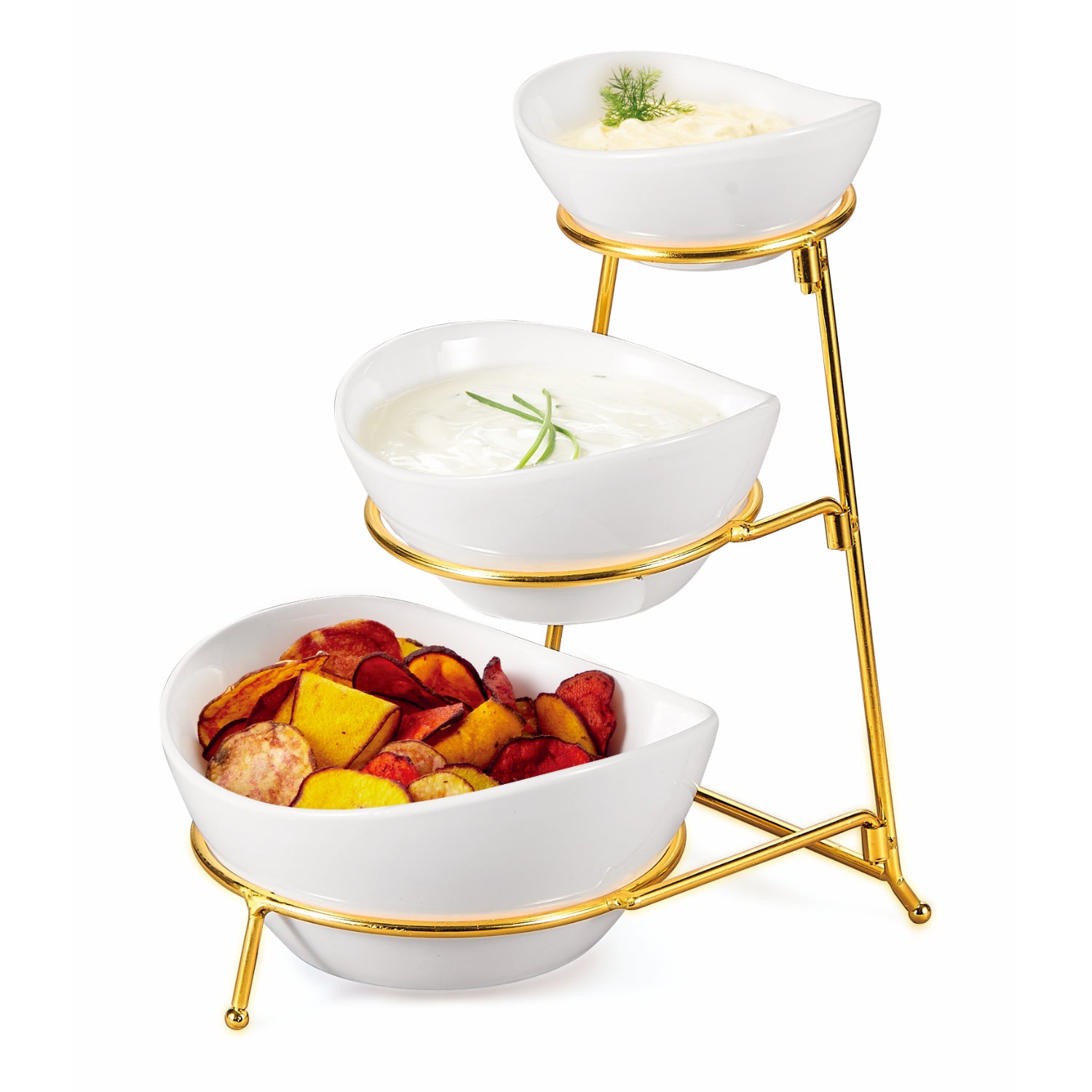 Soporte de cerámica blanca con 3 tazones y estructura dorada, ideal para decoración y servir aperitivos