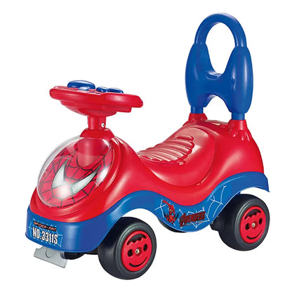 Coche montable rojo y azul de Spider-Man, vista lateral, ideal para niños pequeños