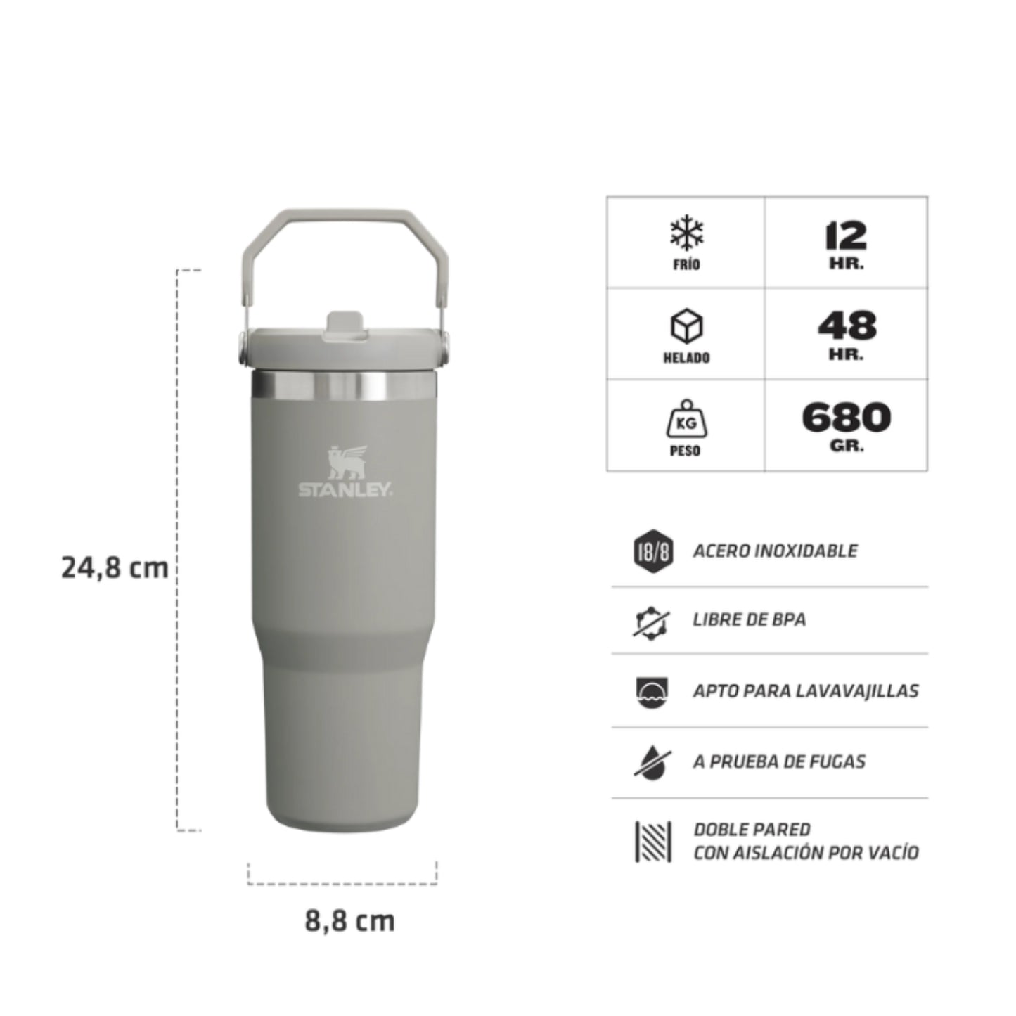 Vaso térmico Stanley de acero inoxidable con capacidad de 680 ml, mantiene bebidas frías por 48 horas