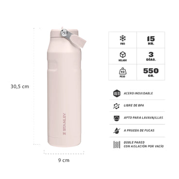 Botella de agua Stanley de acero inoxidable en color rosa, mantiene frío por 15 horas y es apta para lavavajillas