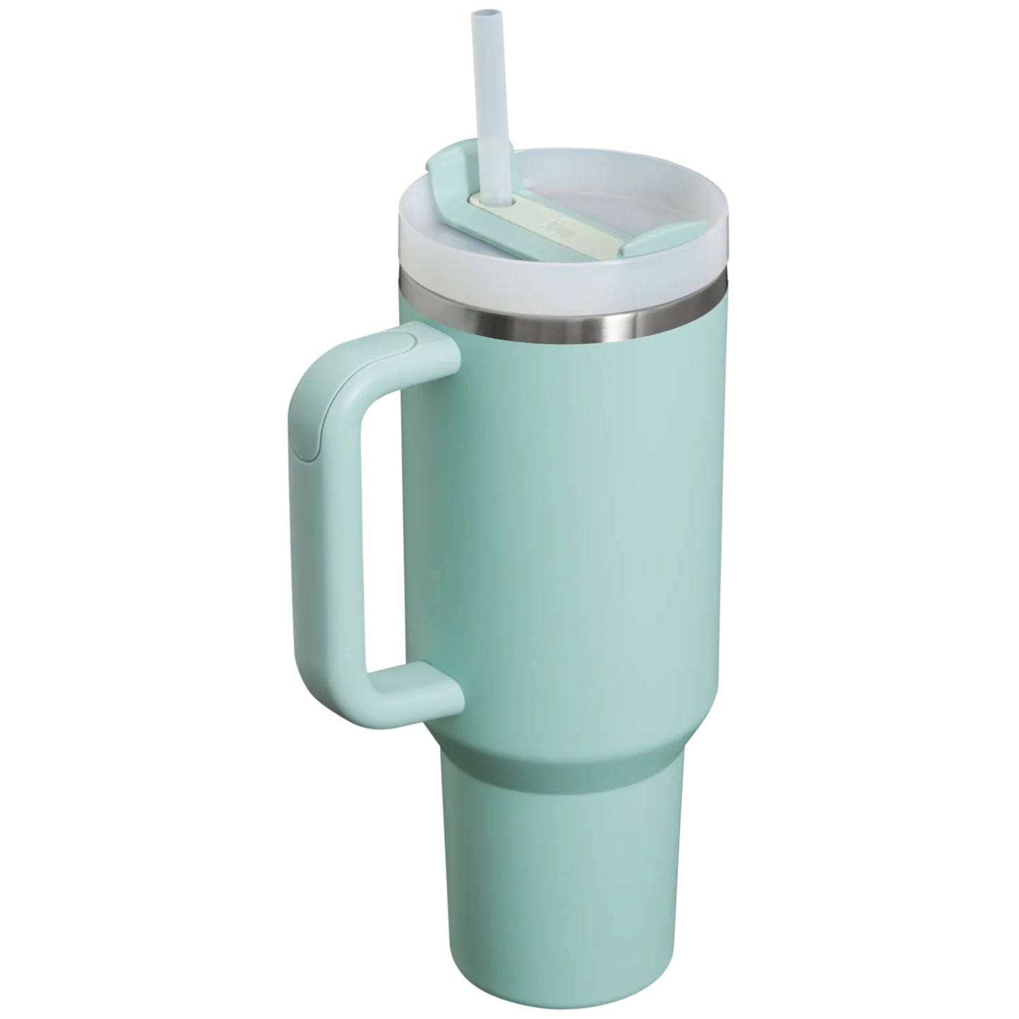 Vaso Stanley Quencher H2.0 40 oz en color menta con tapa y sorbete para mantener bebidas frías.