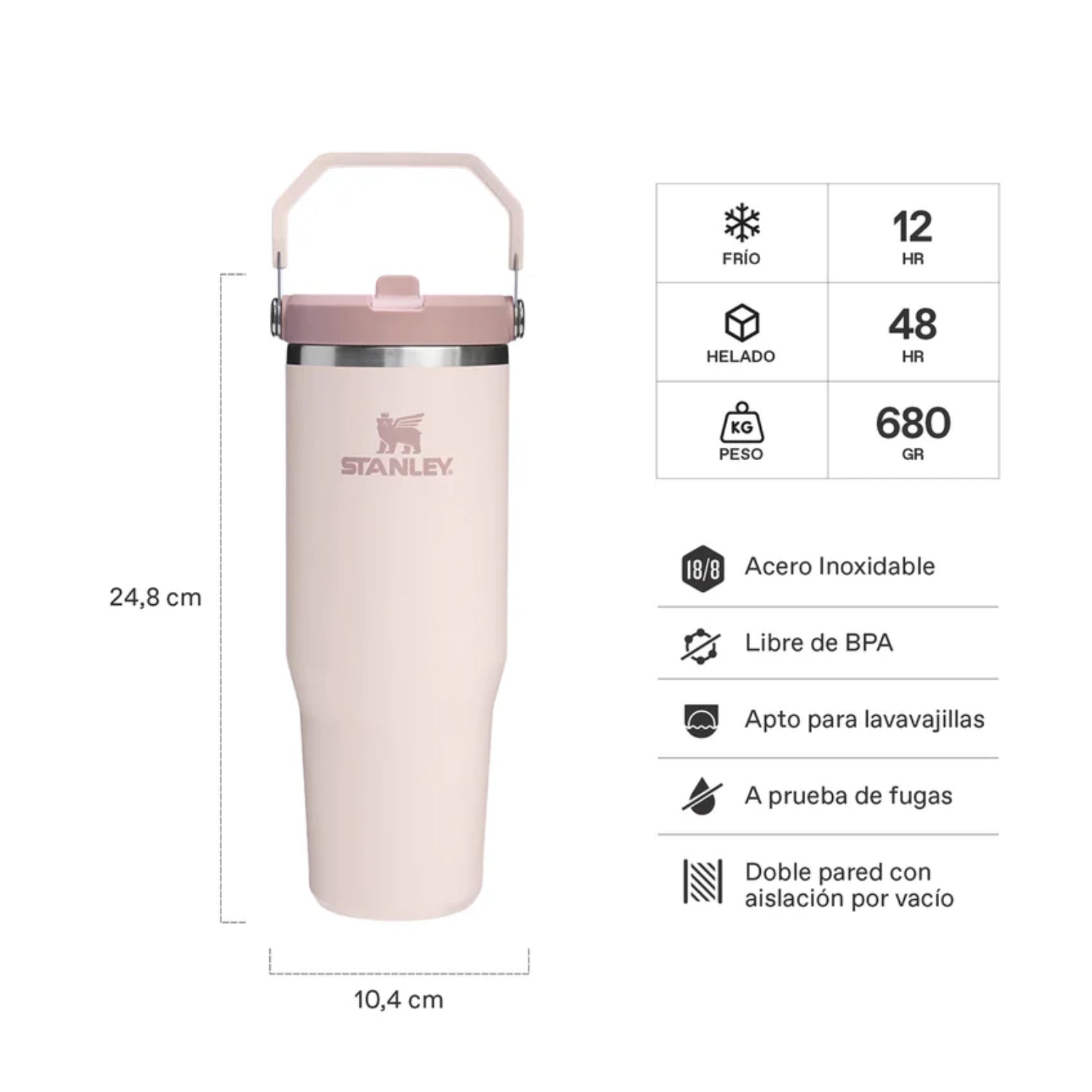 Termo Stanley Classic 30oz rosa con aislamiento al vacío y diseño ergonómico ideal para bebidas frías.