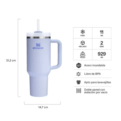 Vaso Stanley Quencher H2.0 40oz Dew Drop en color azul claro con tapa y popote para bebidas frías.