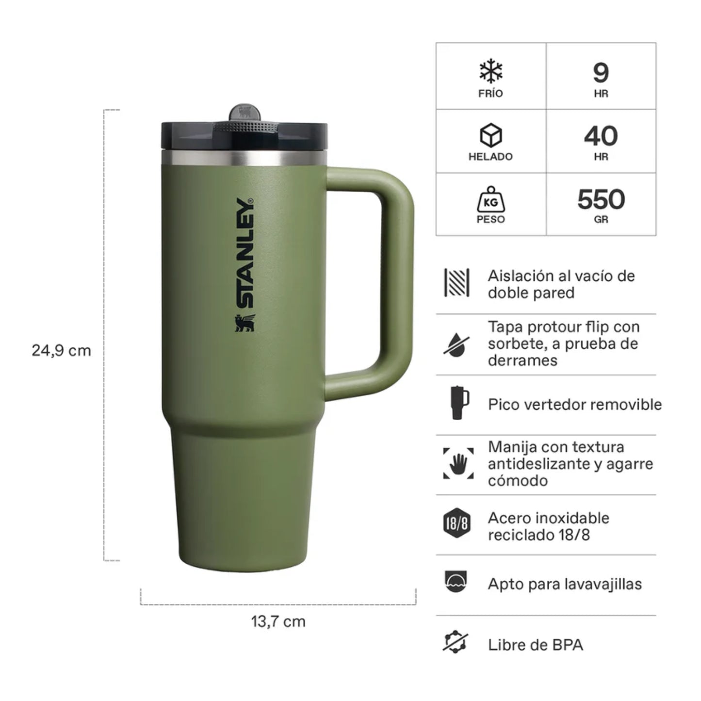 Vaso Stanley Quencher ProTour 30oz en verde con tapa y asa ideal para mantener bebidas frías y calientes.