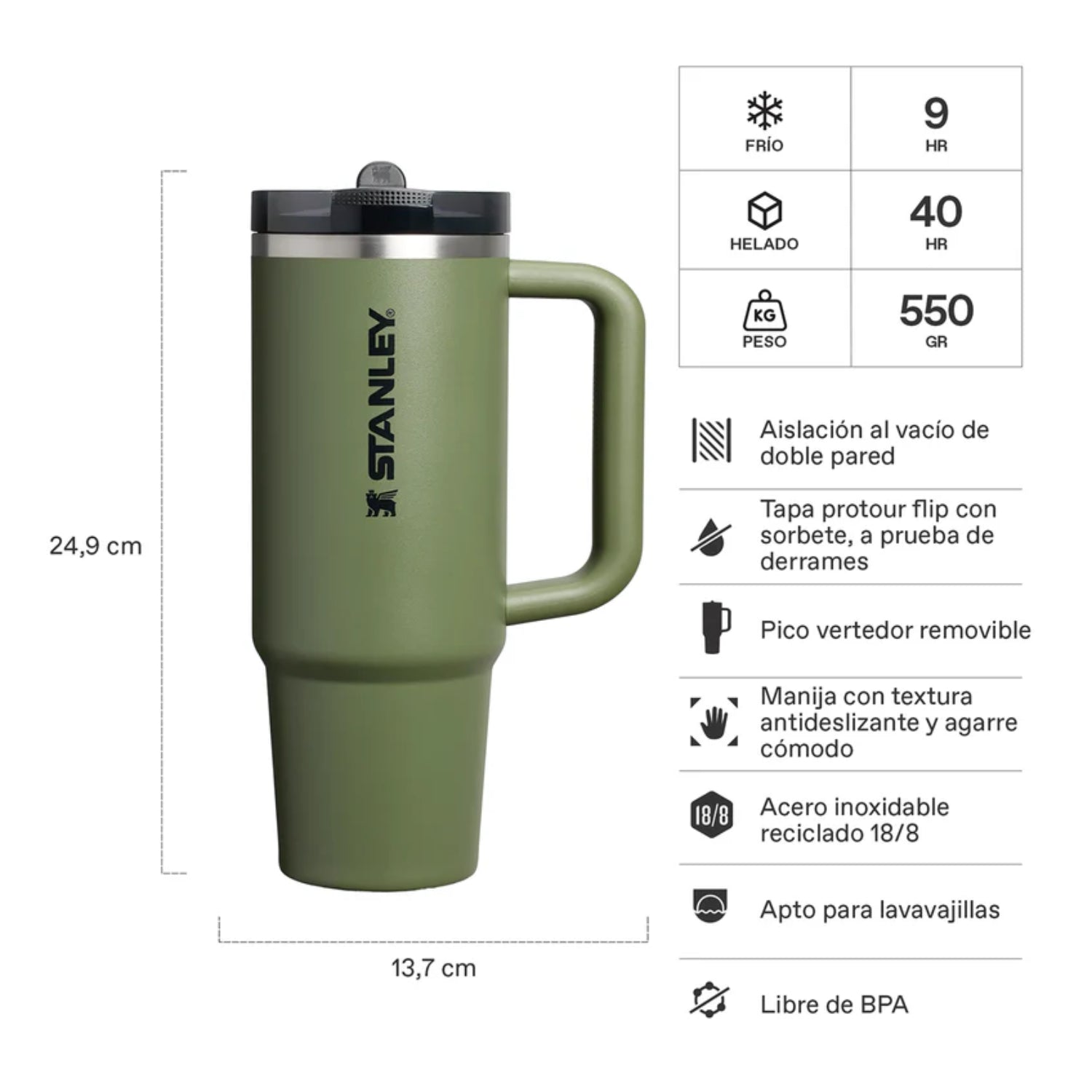 Vaso Stanley Quencher ProTour 30oz en verde con tapa y asa ideal para mantener bebidas frías y calientes.