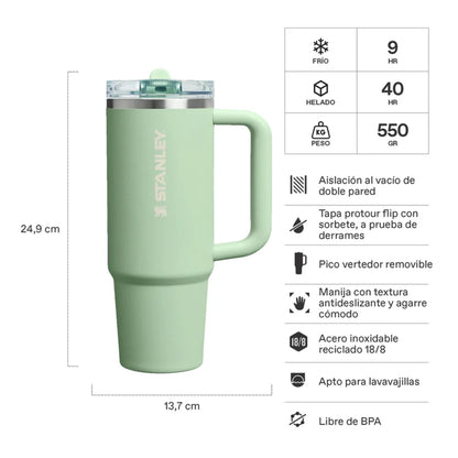Vaso Stanley Quencher ProTour 30oz en verde con tapón a prueba de derrames y diseño ergonómico