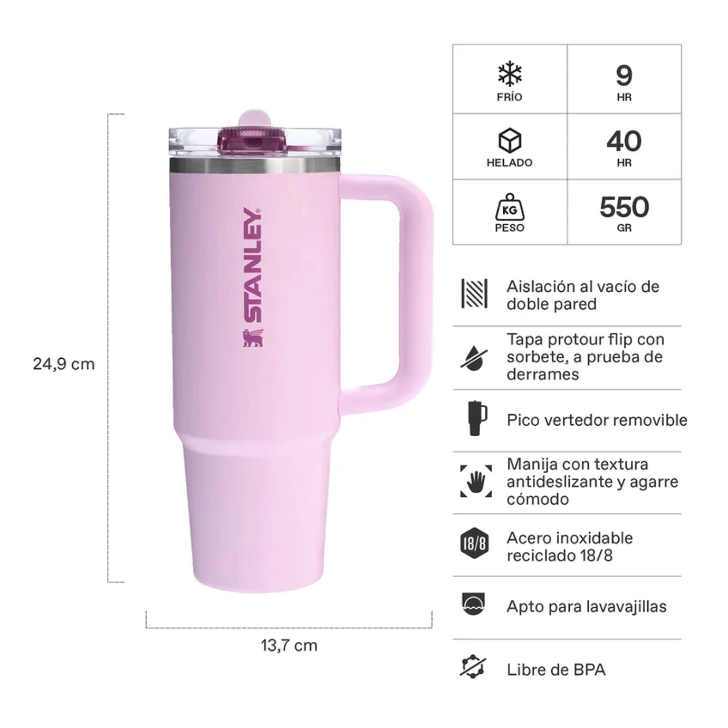 Vaso Stanley Quencher ProTour 30oz en color rosa con aislamiento de doble pared y tapa a prueba de derrames