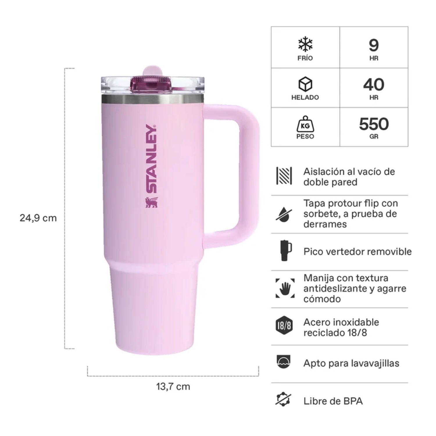 Vaso Stanley Quencher ProTour 30oz en color rosa con aislamiento de doble pared y tapa a prueba de derrames