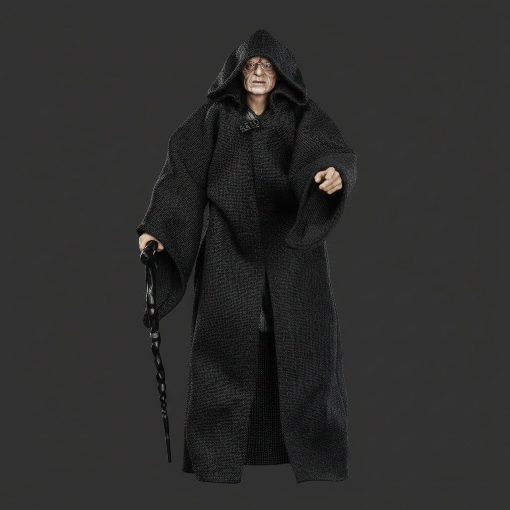 Figura de Star Wars, modelo Lord Sidious, vista frontal con capa negra.