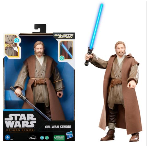 Figura de acción Obi-Wan Kenobi de Star Wars con sable de luz azul y empaque frontal