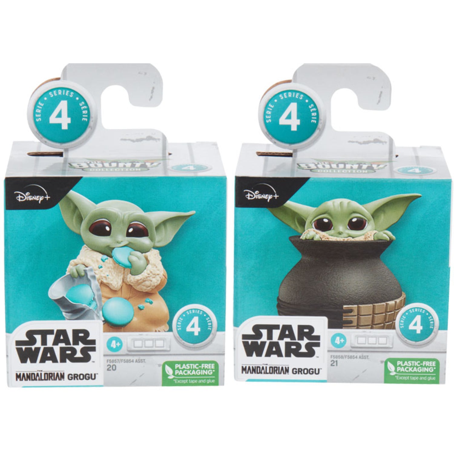 Figuras Star Wars Stars Mandalorian Grogu en cajas coloridas, vista frontal.