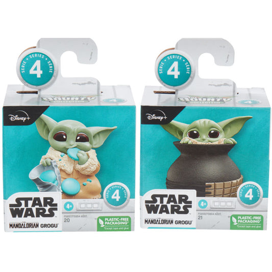 Figuras Star Wars Stars Mandalorian Grogu en cajas coloridas, vista frontal.