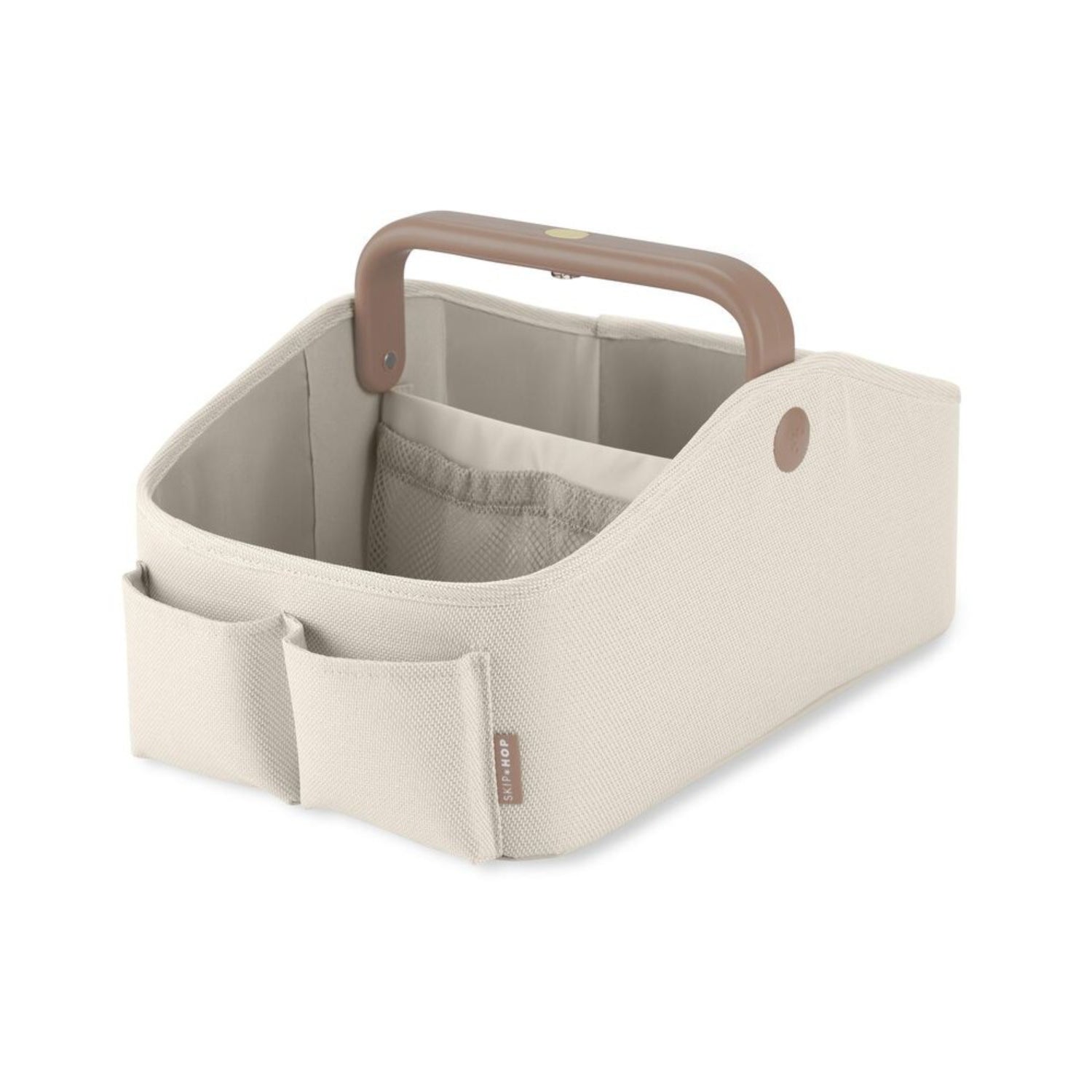 Cesta organizadora SKIP*HOP beige, vista lateral, ideal para almacenar juguetes.