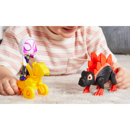 Juguetes de Hasbro: figura de Spider-Gwen con vehículo amarillos y dinosaurio negro