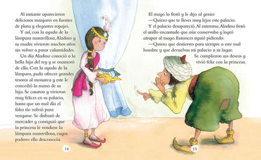 Libro colorido con ilustraciones de princesa y mago frente a cortinas