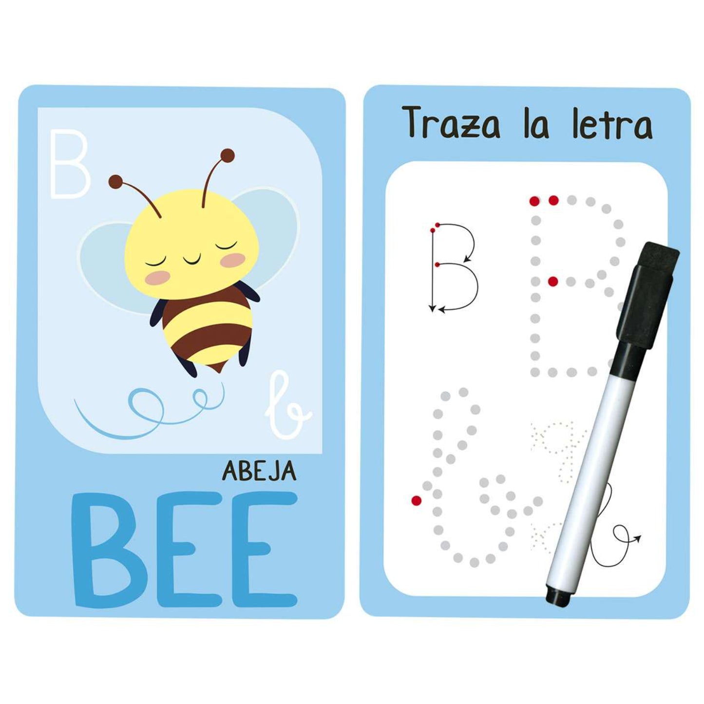 libro educativo azul con abeja y trazado de letra B