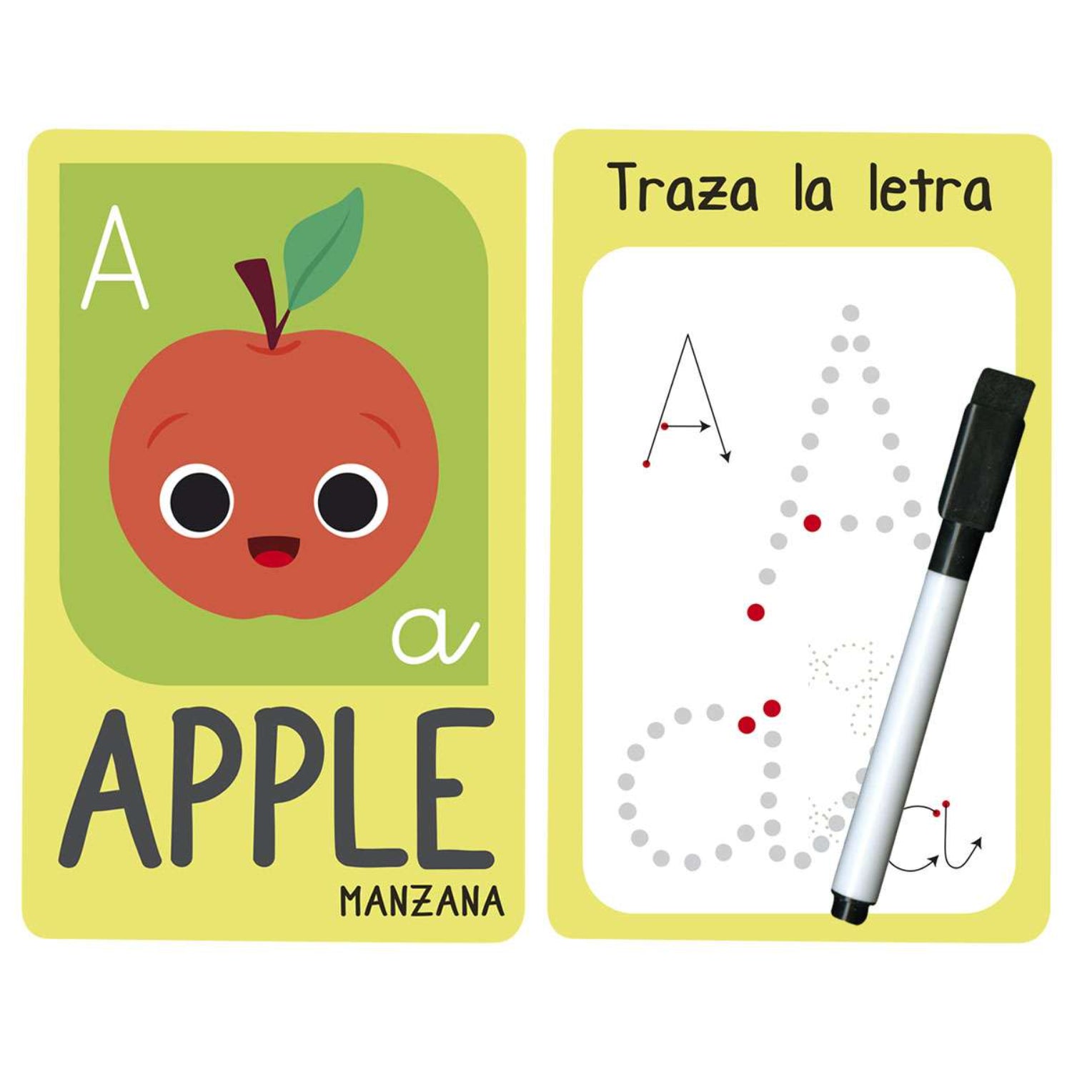 libro educativo con letras, ilustraciones coloridas y un marcador para trazar