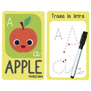 libro educativo con letras, ilustraciones coloridas y un marcador para trazar