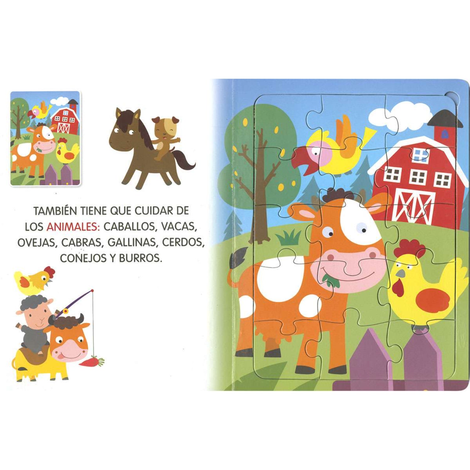 libro infantil colorido con imágenes de animales de granja y rompecabezas