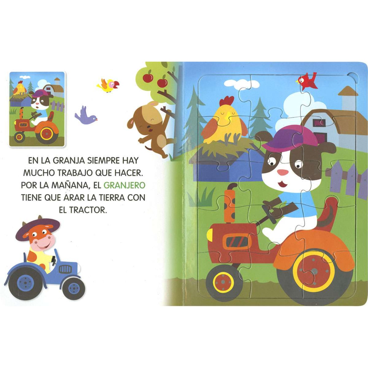 Libro infantil ilustrado sobre la granja con personajes y tractor