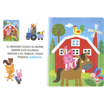 libro infantil colorido sobre granja con personajes animales en un rompecabezas
