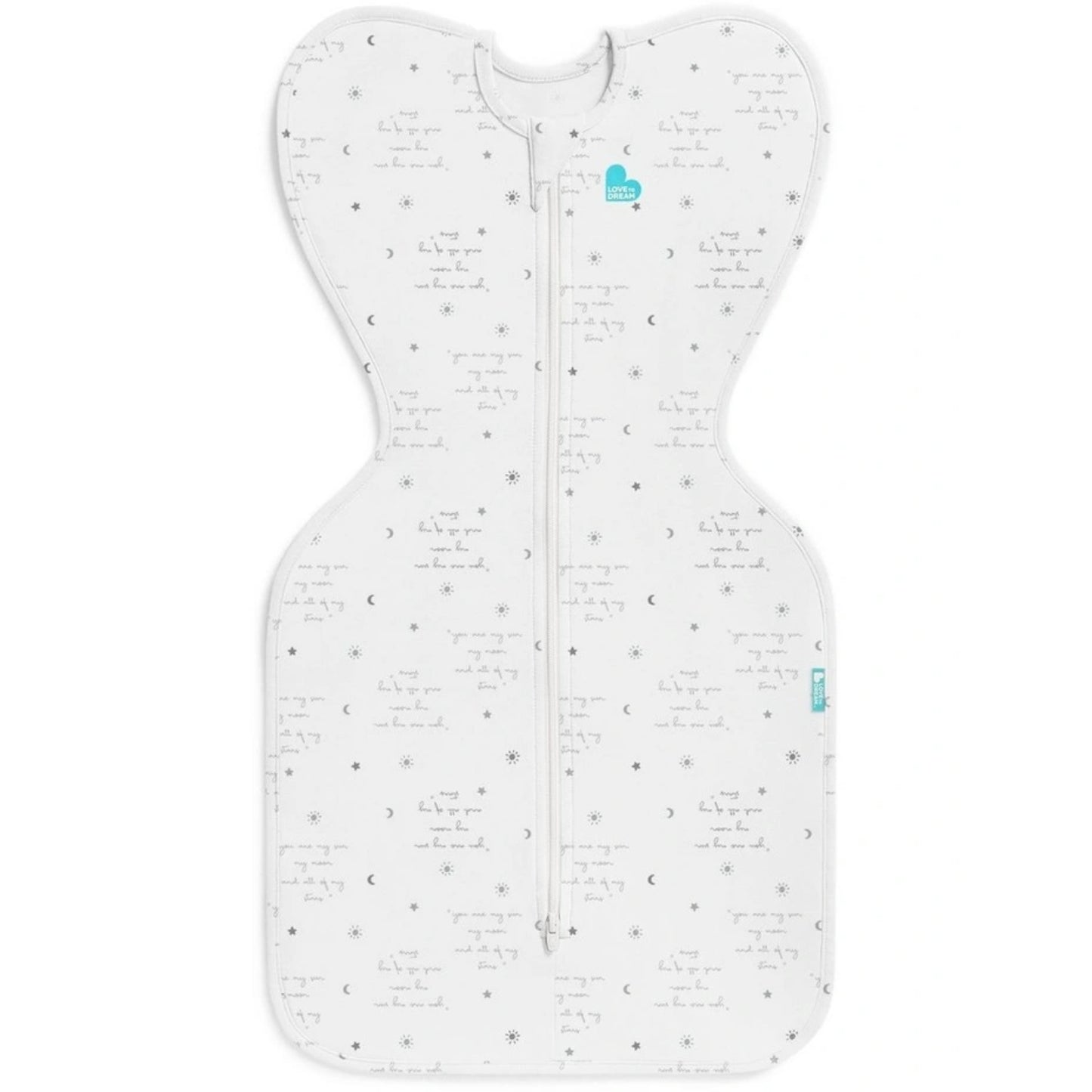 Swaddle blanco LOVE TO DREAM, vista frontal, diseño de estrellas y lunas